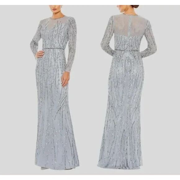 NWT Mac Duggal 5644 Embellished Illusion High‎ Neck Long Sleeve Gown Platinum 14 - Picture 2 of 8